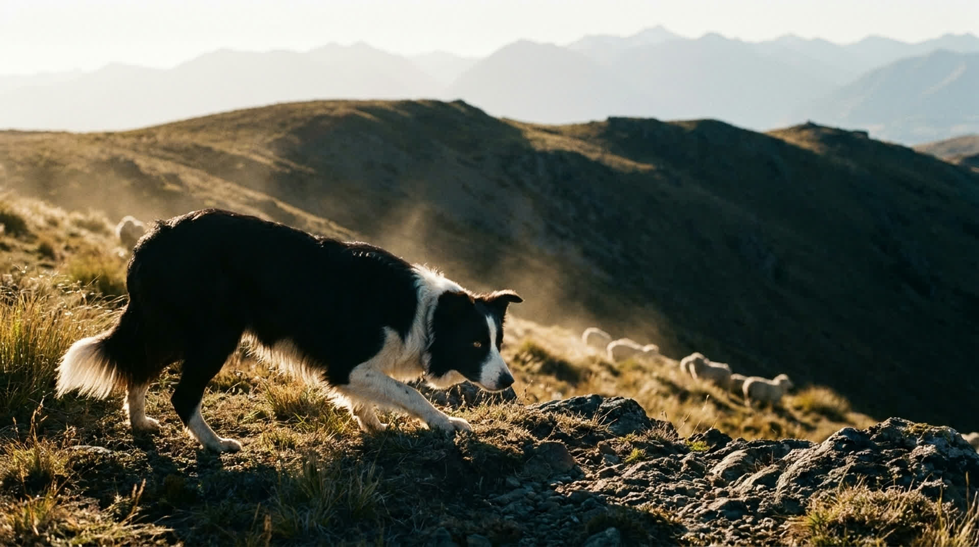 A border collie lying in the working crouch on a New Zealand high country ridge at golden hour