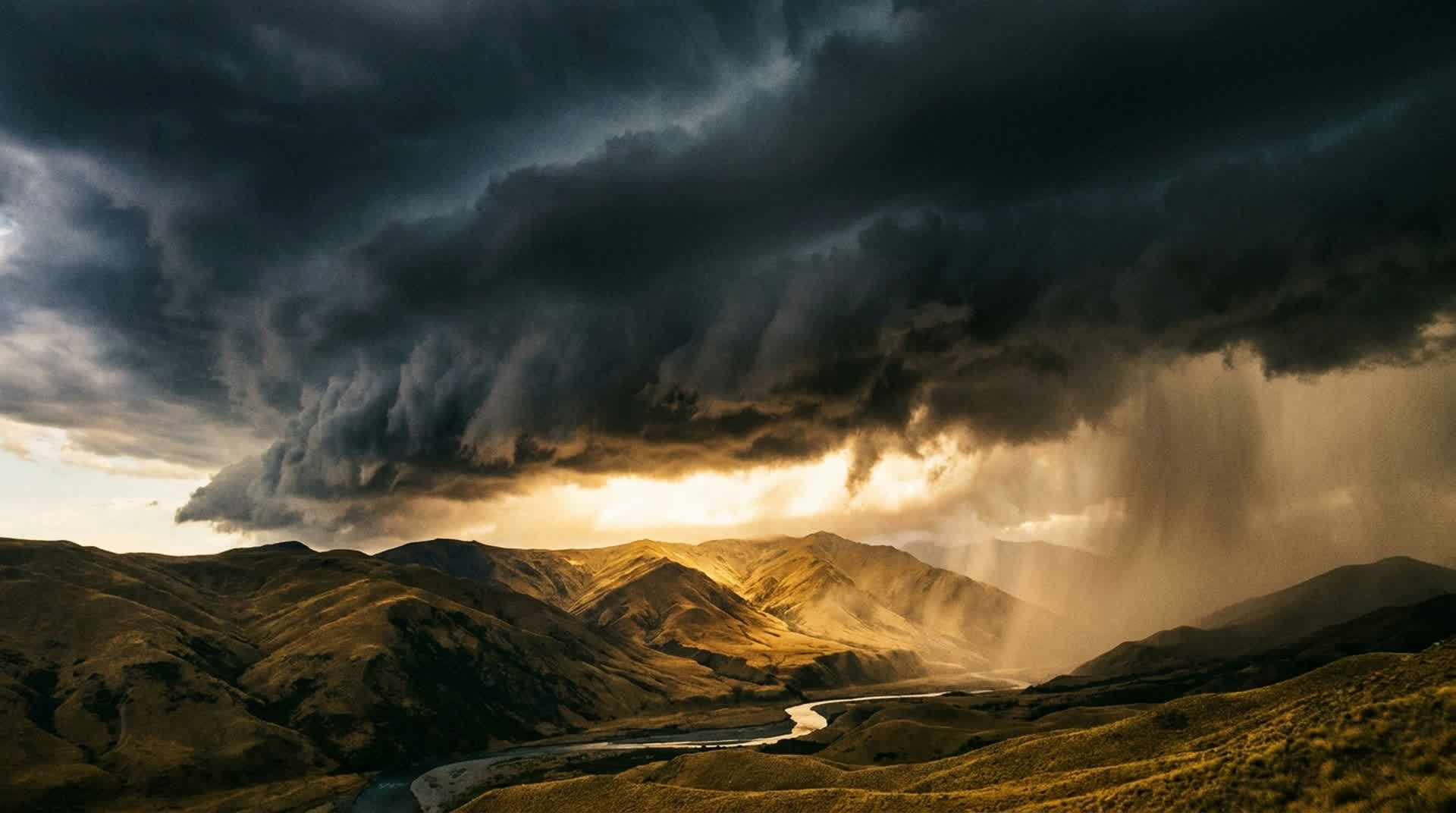 A dark storm front rolling across New Zealand high country tussock ridges with a break of gold light beneath it