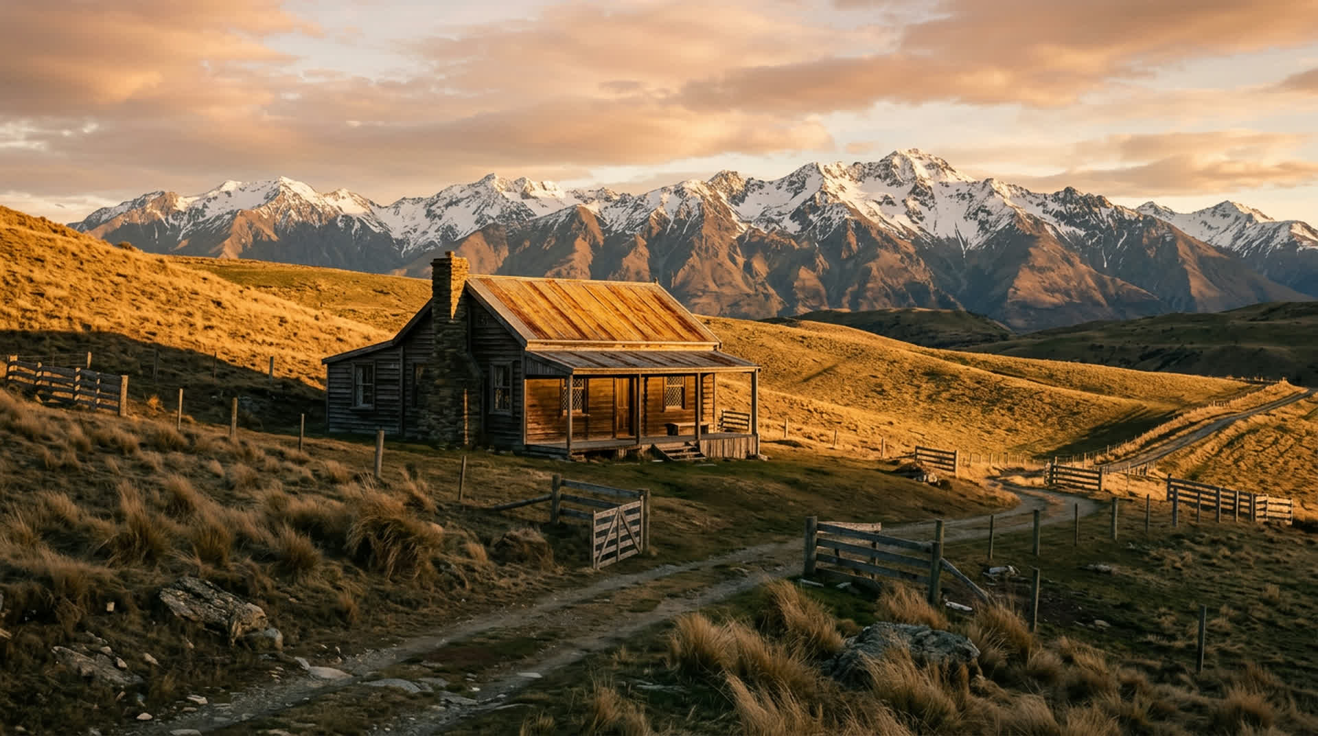 A weathered timber high country homestead sitting alone on a New Zealand tussock hillside at golden hour