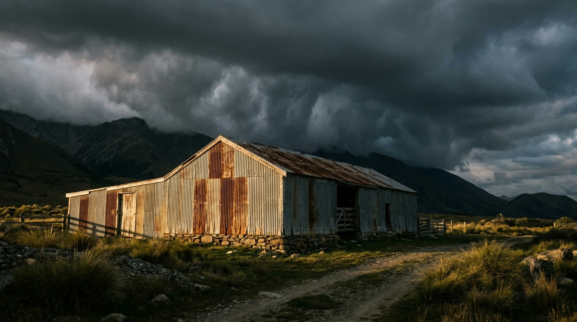A corrugated iron woolshed on a New Zealand high country farm with heavy weather closing in behind it