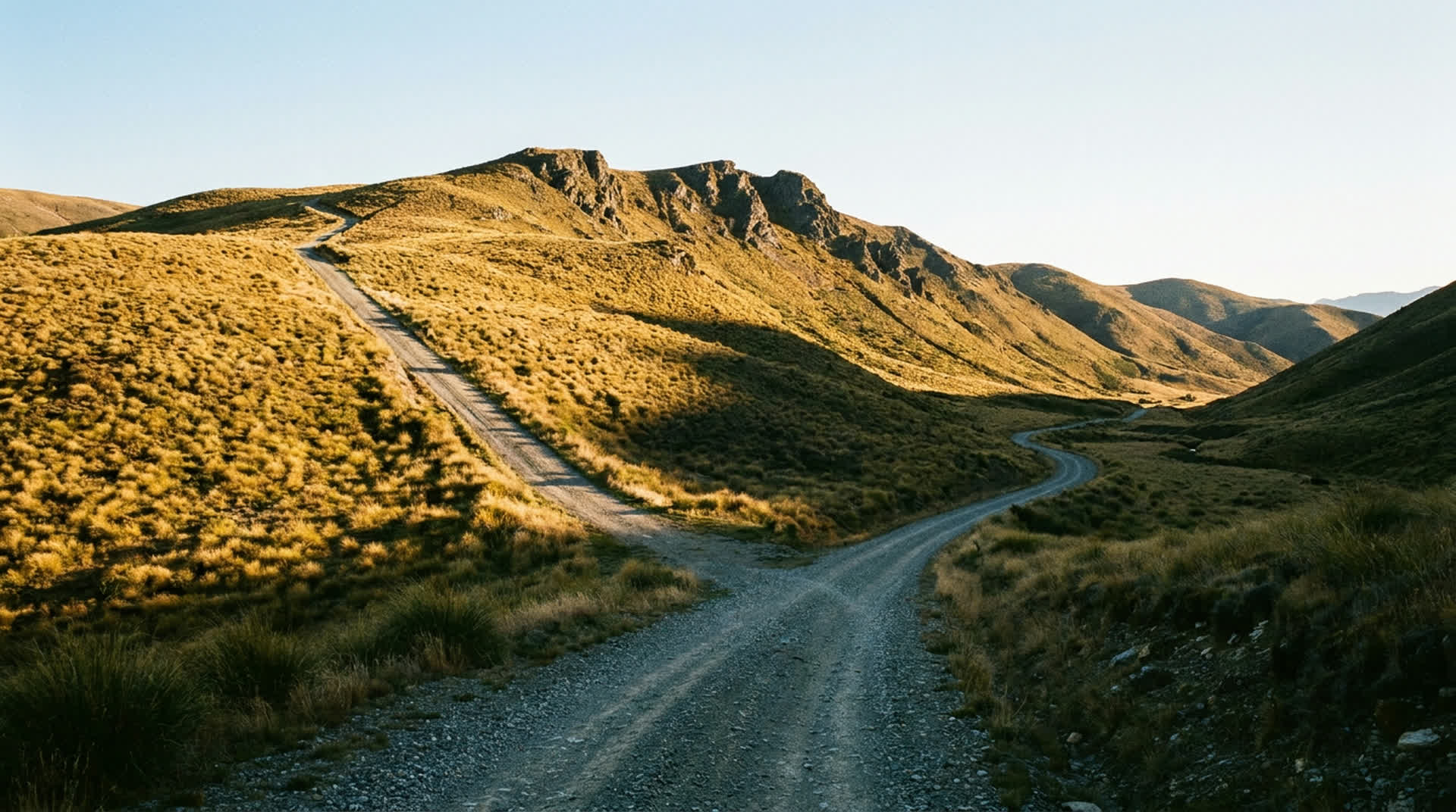 A gravel farm track forking into two distinct routes across New Zealand high country tussock at golden hour