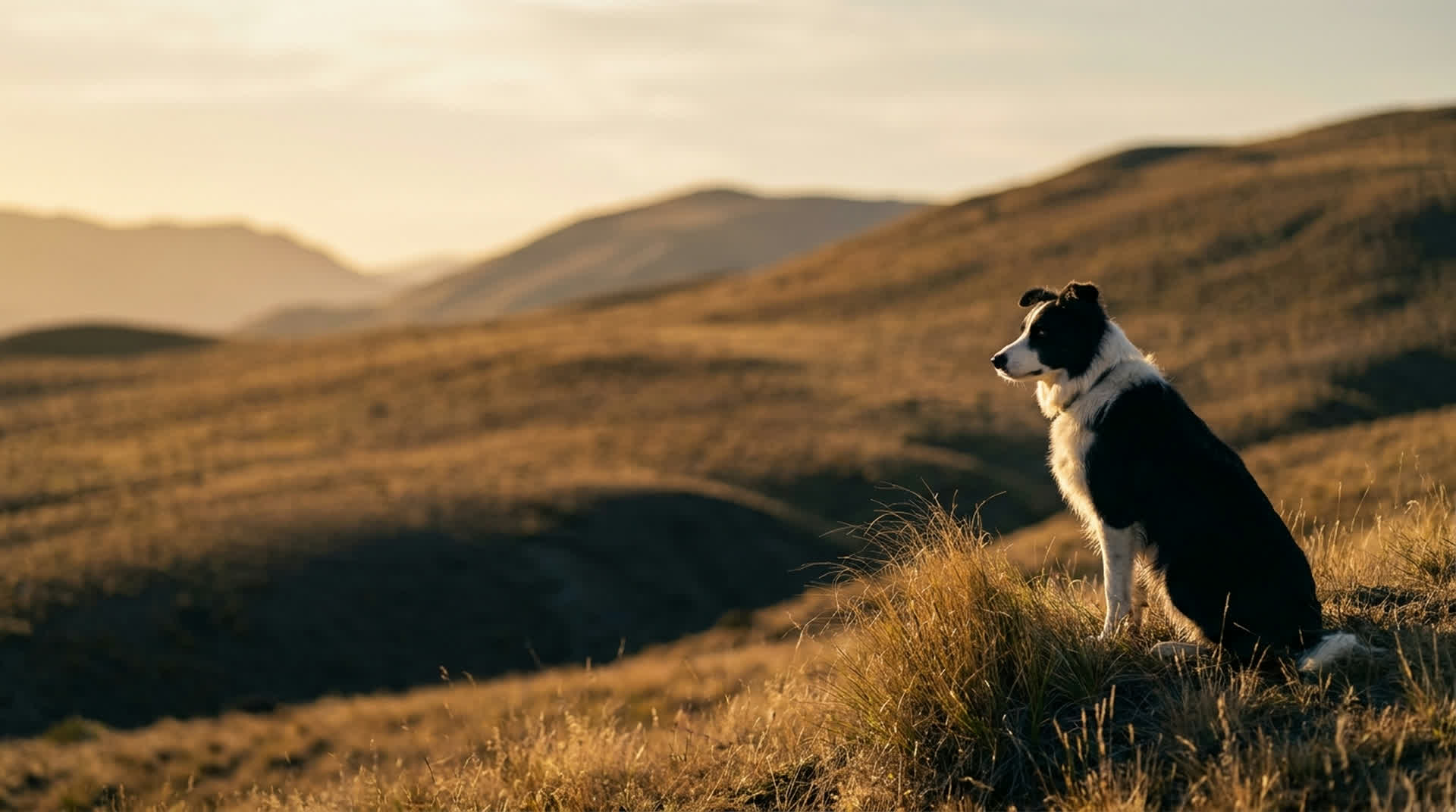 A border collie sitting on a New Zealand high country ridge at golden hour, looking out across the valley