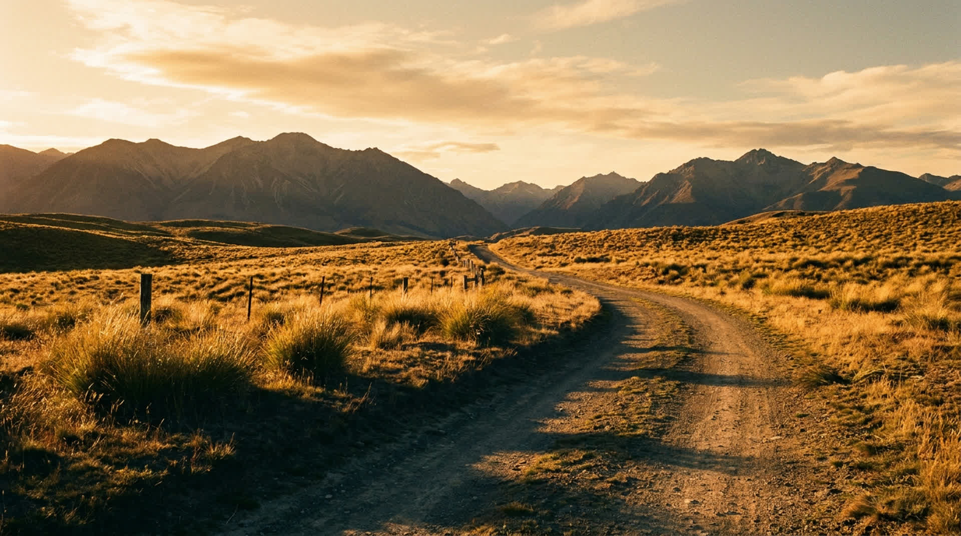A long farm track winding through New Zealand high country tussock toward distant mountains at golden hour
