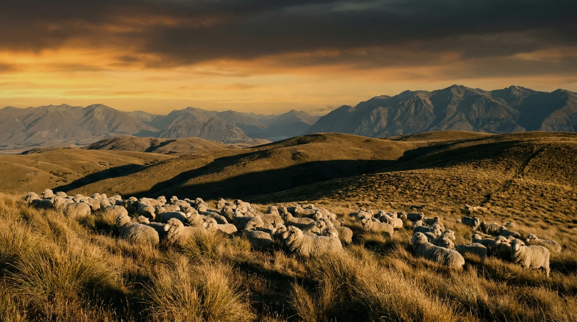 A flock of merino sheep settled and resting on a New Zealand hillside at last light