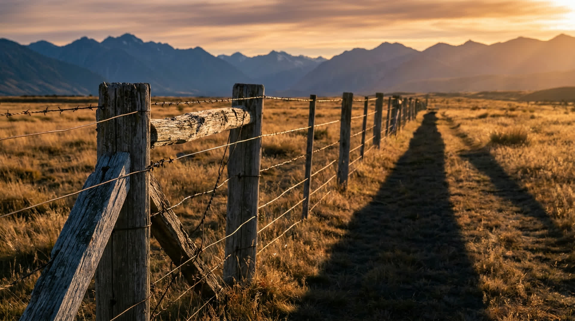 A weathered post and wire farm fence running across New Zealand high country tussock at golden hour