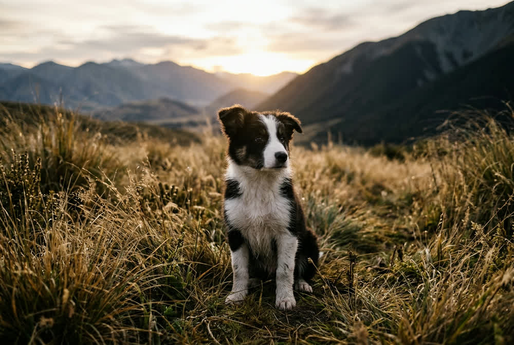 A young border collie pup sitting attentively in dewy tussock at first light