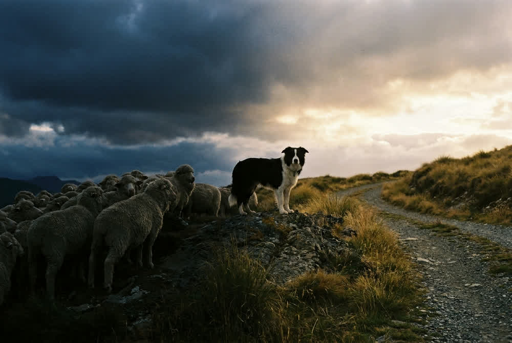 A border collie standing watchfully between a huddled flock and an incoming weather front