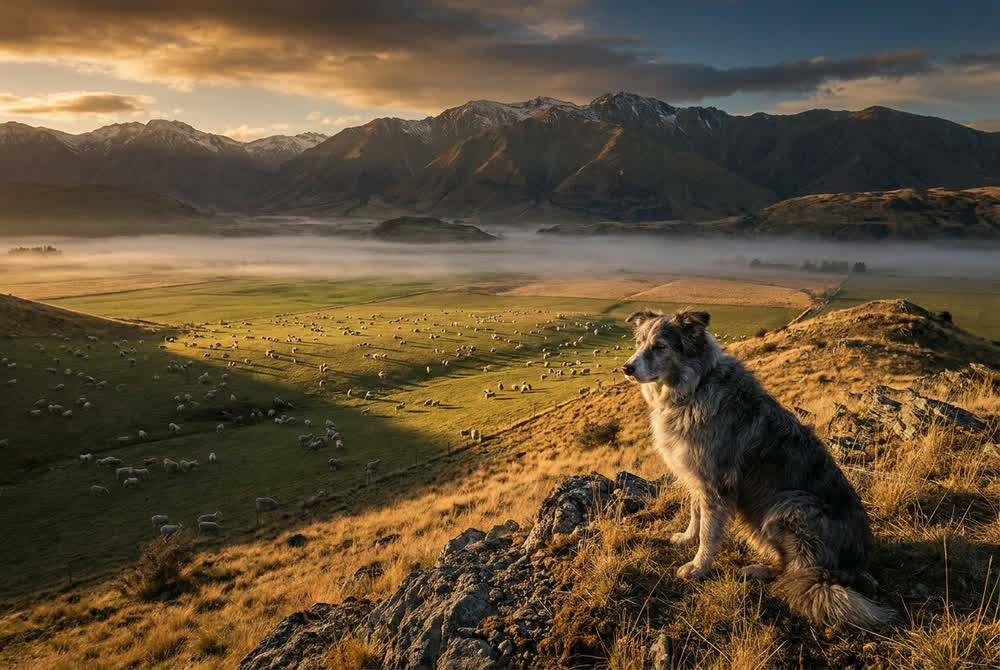 A mature border collie on a high ridge surveying a large healthy flock spread across the valley below